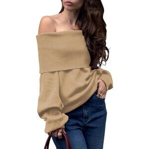 Women's Oversized Off Shoulder Sweater Knit Top Long Lantern Sleeves Fall